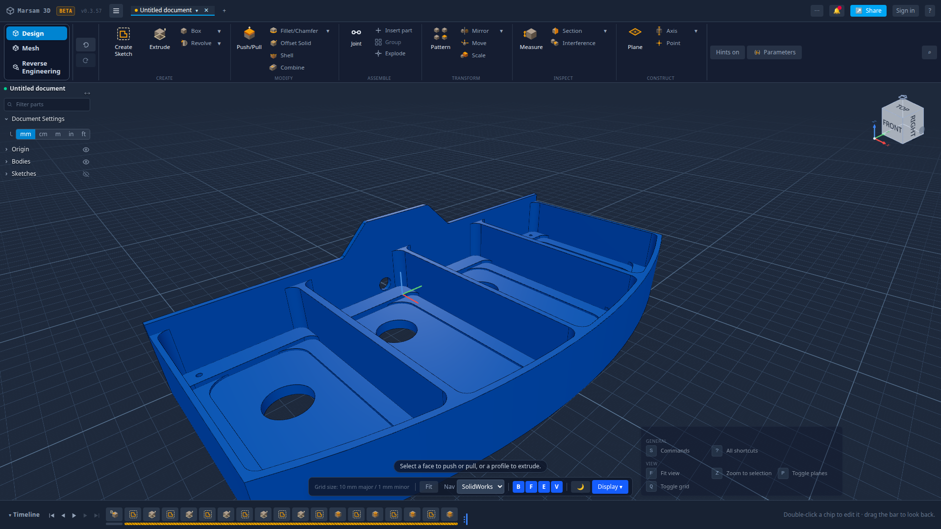 The same STEP part rebuilt as a timeline of editable steps in Marsam 3D