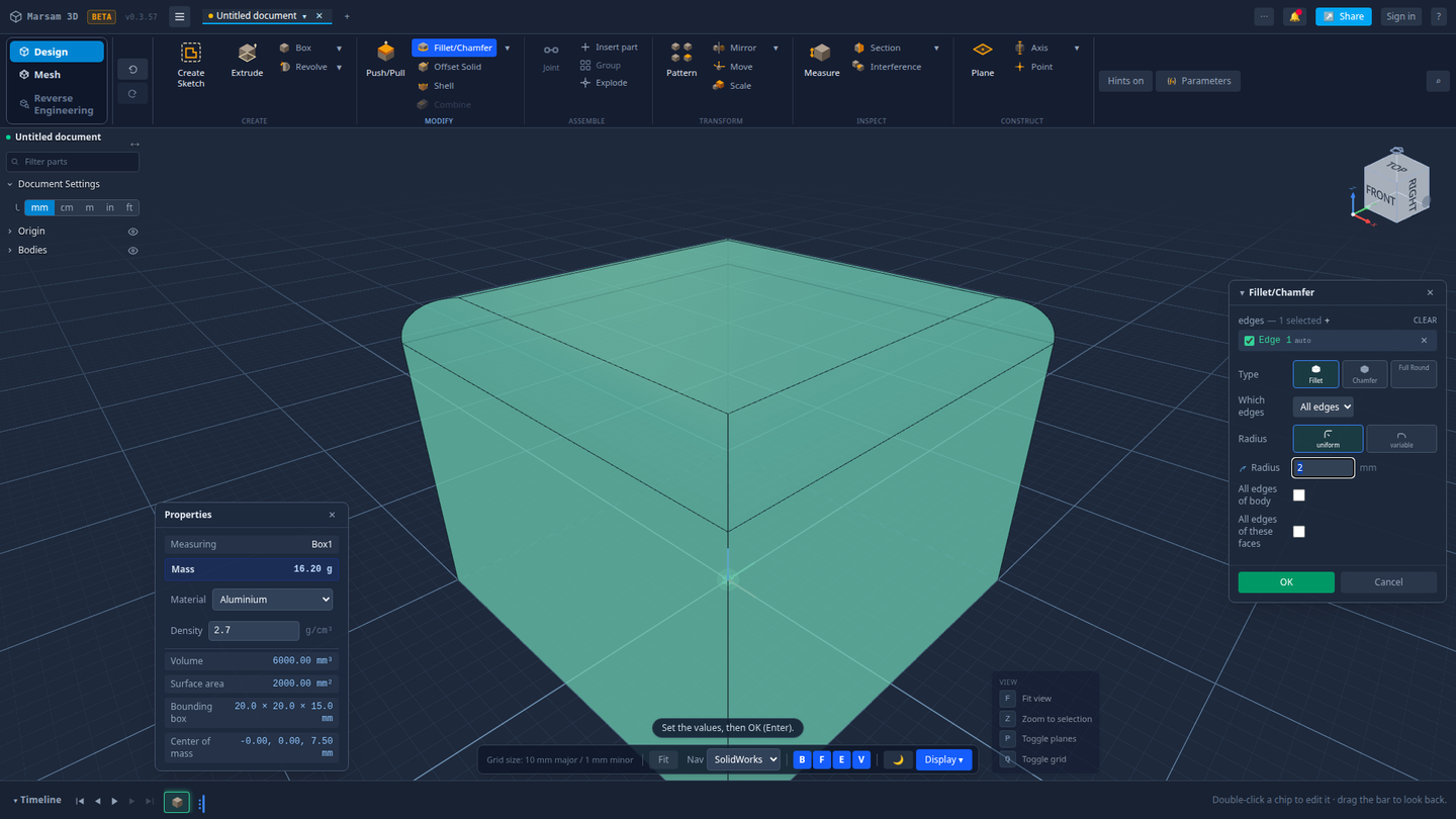 The Fillet and Chamfer dialog in Marsam 3D with radius, edge selection and type controls