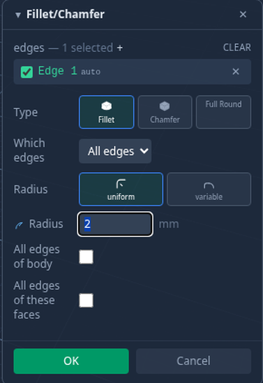 The fillet dialog with its edge list, fillet or chamfer type, and radius