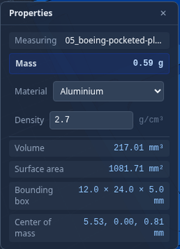 The properties panel showing mass, volume, surface area, bounding box and centre of mass
