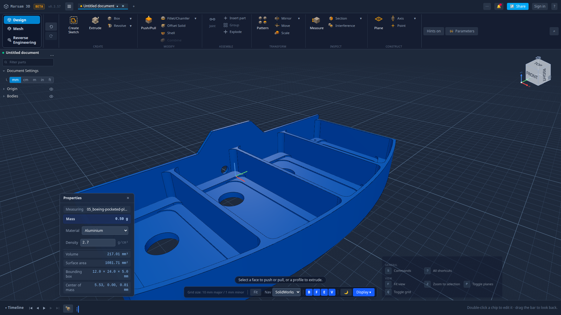 A STEP part open in Marsam 3D, with its volume, surface area and centre of mass listed